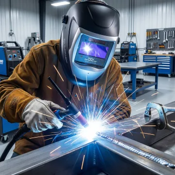 Professional welder performing precision TIG welding on metal structure