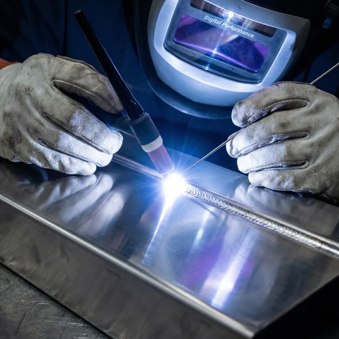 Welder performing precision TIG welding on custom metal project