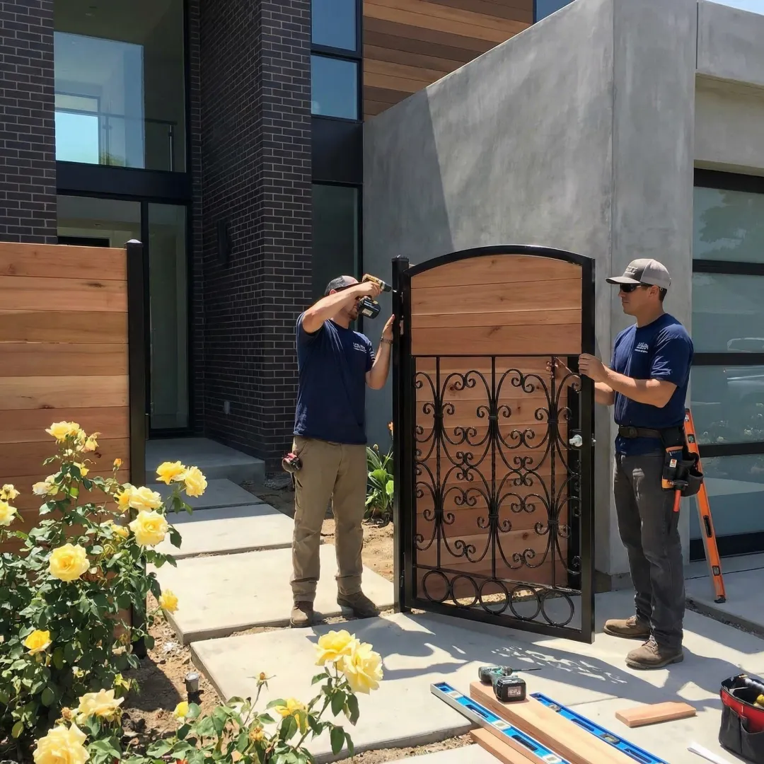Custom wrought iron gate installation with wood accents for coastal home