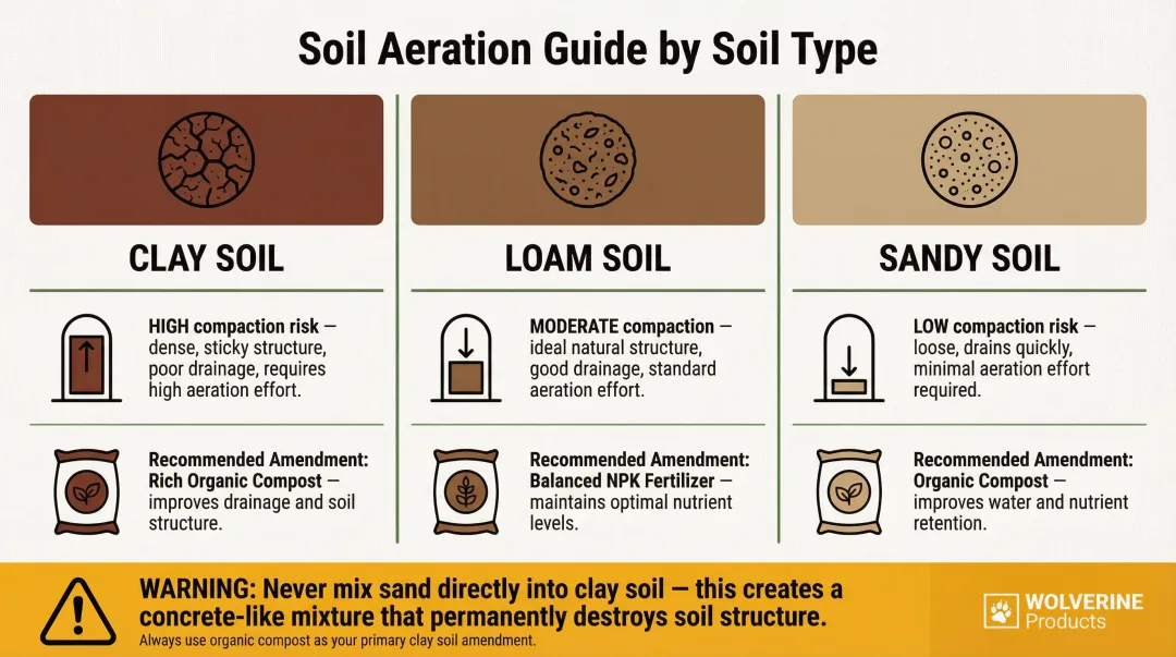 Soil type aeration guide comparing clay loam and sandy soil compaction and amendments
