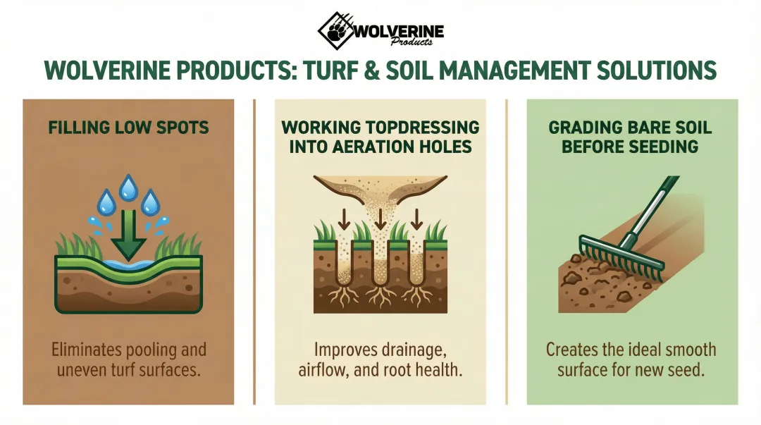 Three core lawn leveling rake uses for flat turf management