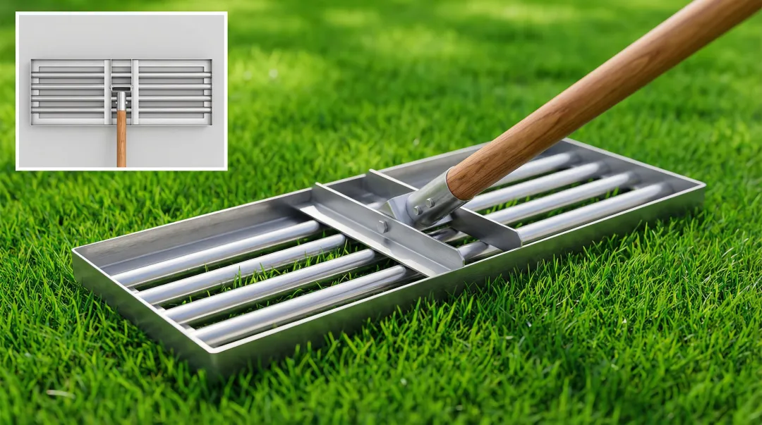 Professional stainless steel lawn leveling rake with hardwood handle on turf
