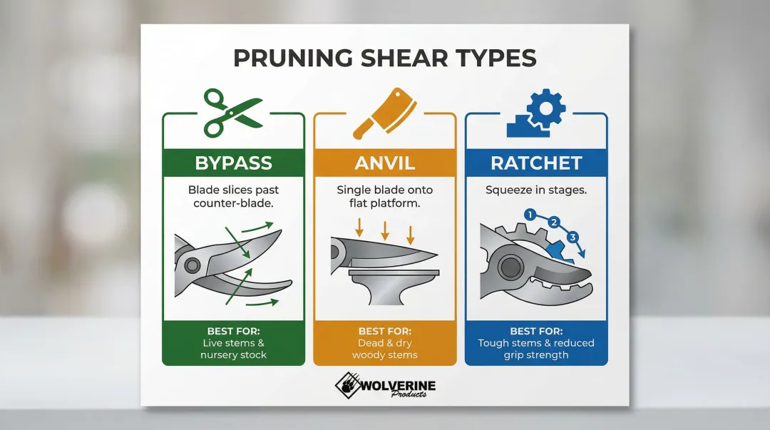 Three pruning shear types bypass anvil ratchet comparison chart with use cases
