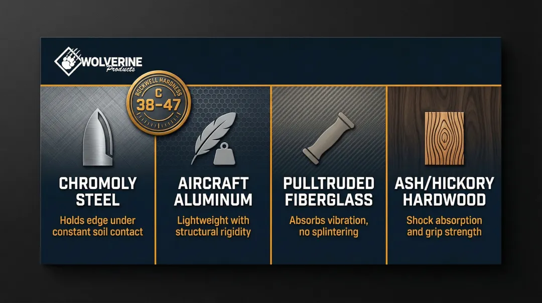 Four professional-grade landscaping tool materials comparison infographic with durability specs