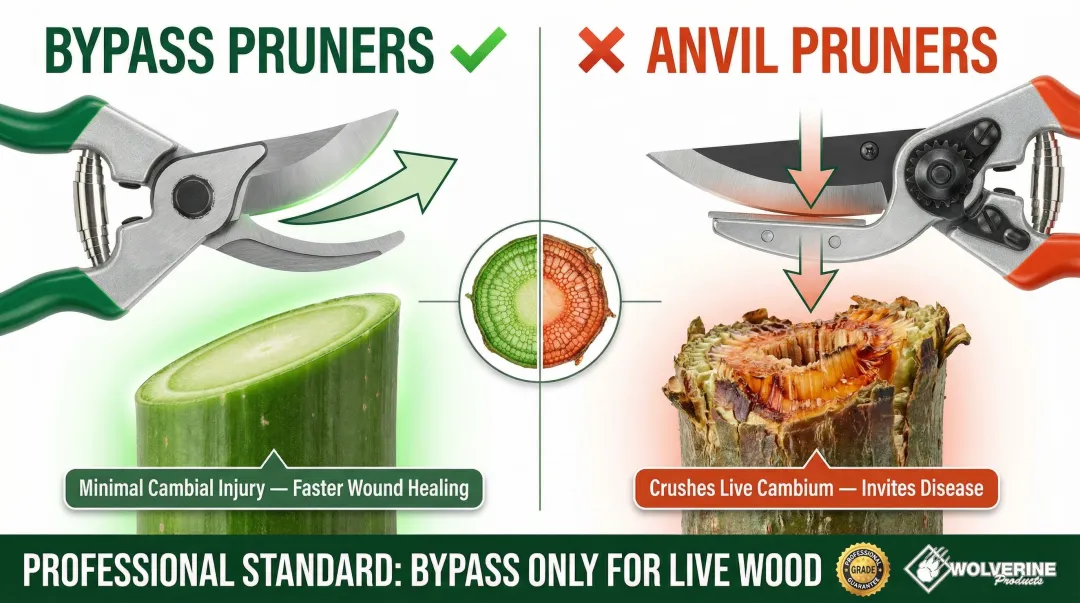 Bypass pruner versus anvil pruner cutting action comparison showing plant tissue damage
