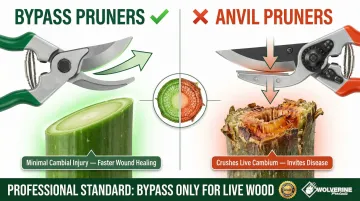 Bypass pruner versus anvil pruner cutting action comparison showing plant tissue damage