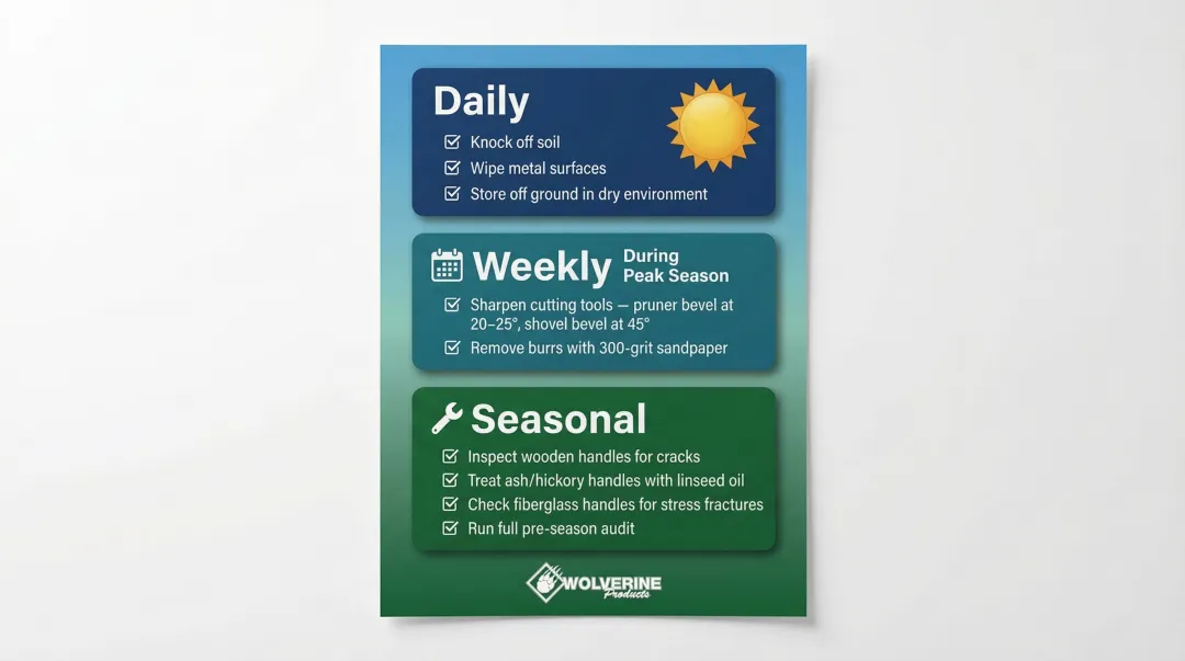 Professional landscaping tool maintenance schedule covering daily weekly and seasonal care steps