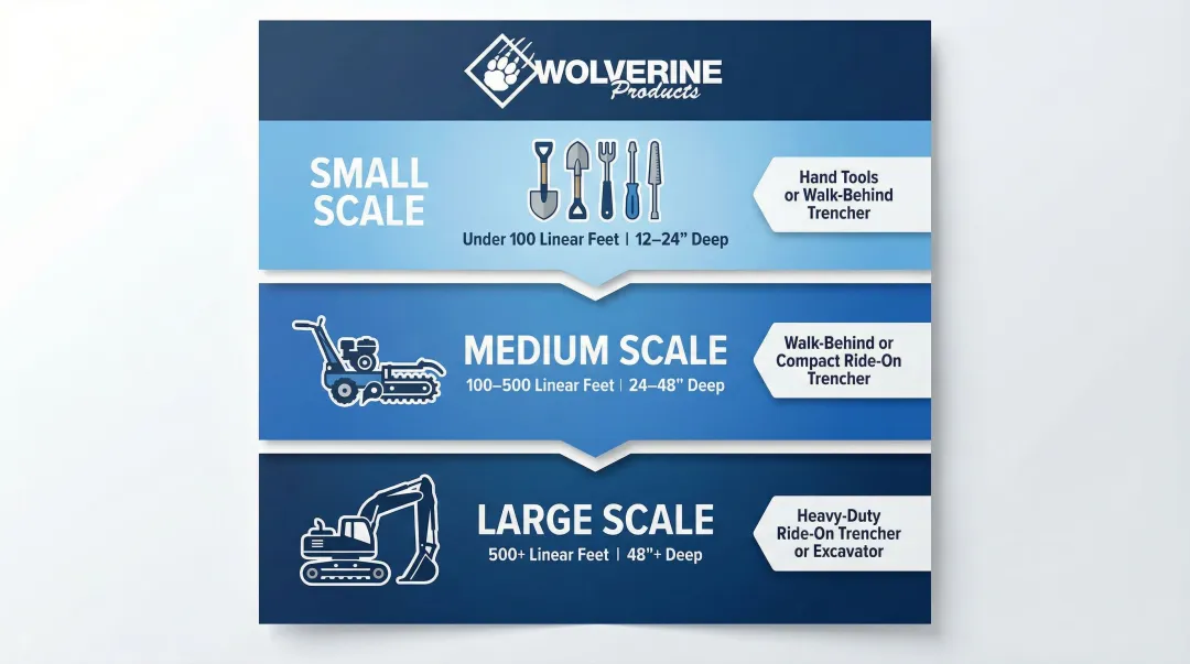 Three-tier trenching project scale guide matching footage depth to equipment class
