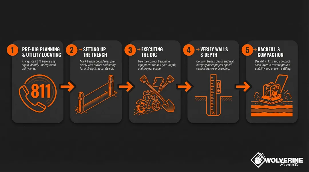 Five-step trenching technique process flow from planning to backfill compaction