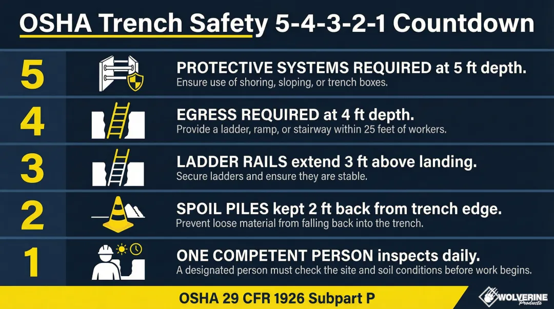 OSHA 5-4-3-2-1 trench safety rule mnemonic countdown infographic for contractors