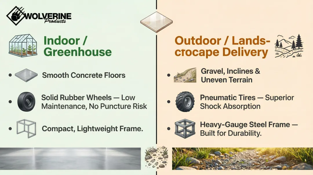 Indoor versus outdoor potted plant hand truck requirements side-by-side comparison infographic