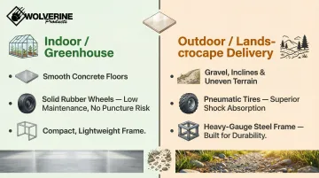 Indoor versus outdoor potted plant hand truck requirements side-by-side comparison infographic