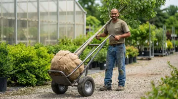 Heavy-duty steel hand truck with pneumatic tires transporting large balled and burlapped tree