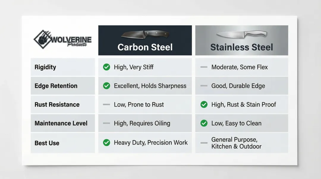 Carbon steel versus stainless steel garden trowel blade properties comparison chart