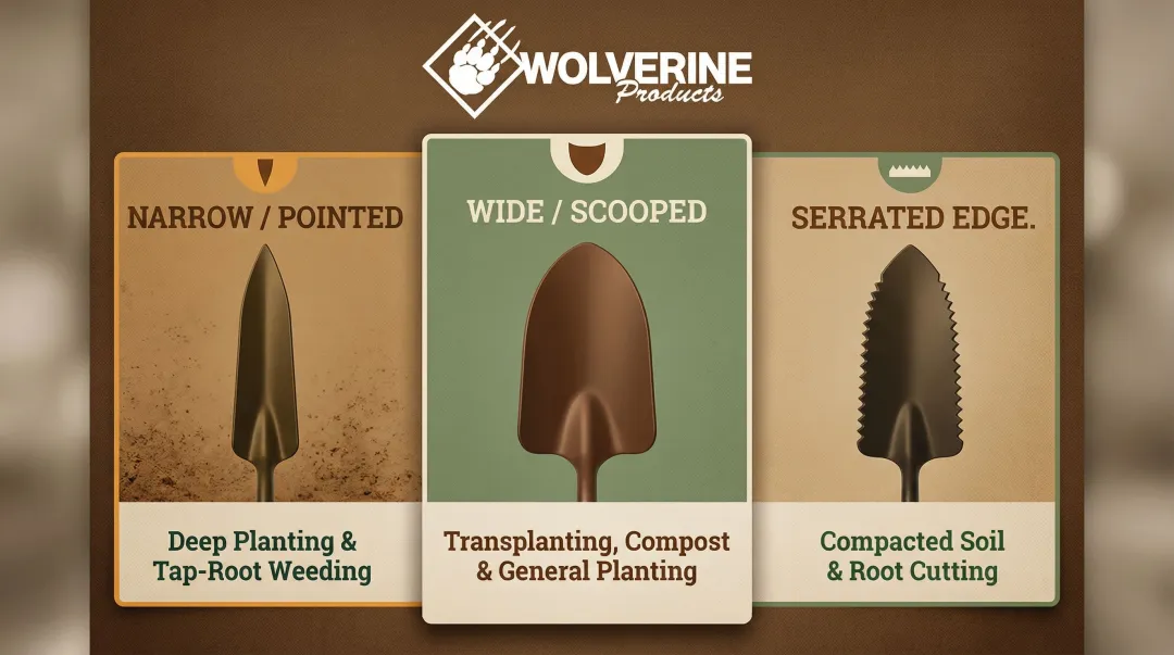 Three garden trowel blade shapes matched to specific digging and planting tasks