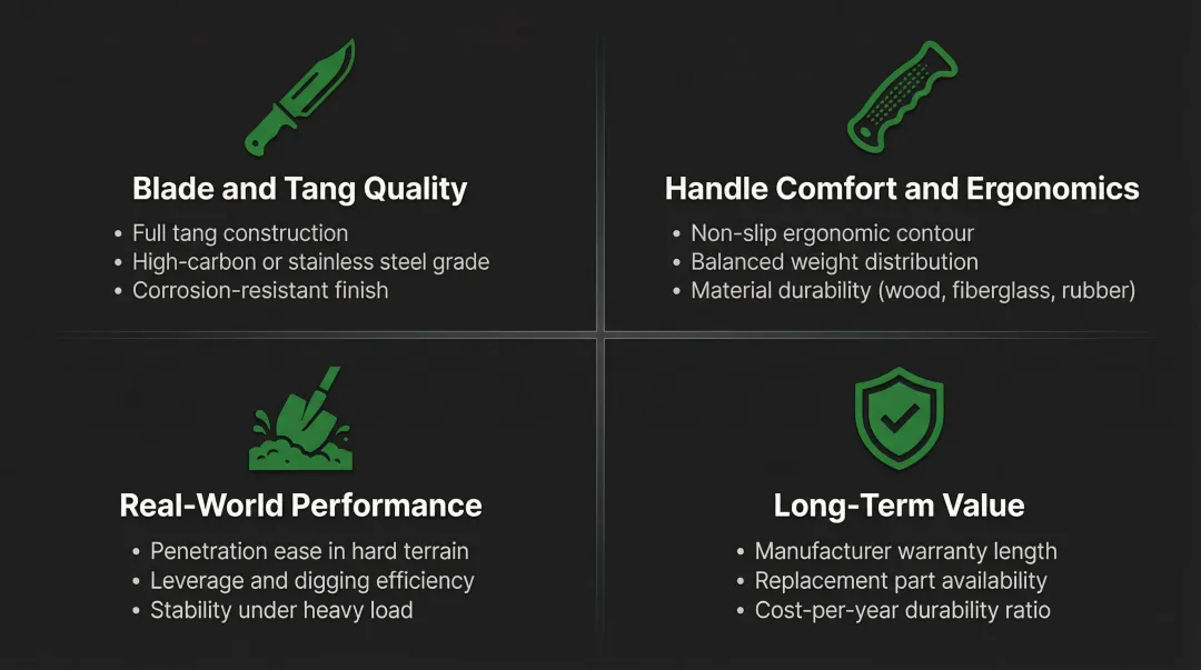 Four-criteria professional garden trowel evaluation framework process infographic
