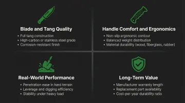 Four-criteria professional garden trowel evaluation framework process infographic