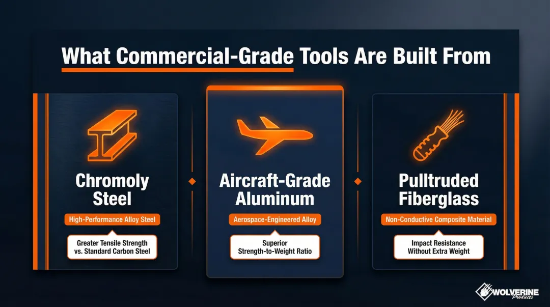 Three commercial-grade tool materials comparison chromoly steel aircraft aluminum fiberglass