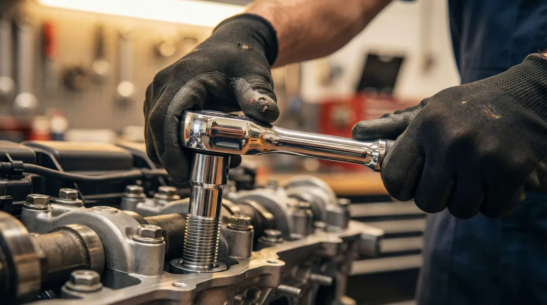 Professional mechanic using Snap-on ratchet wrench in automotive repair shop