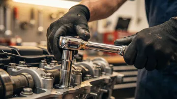 Professional mechanic using Snap-on ratchet wrench in automotive repair shop