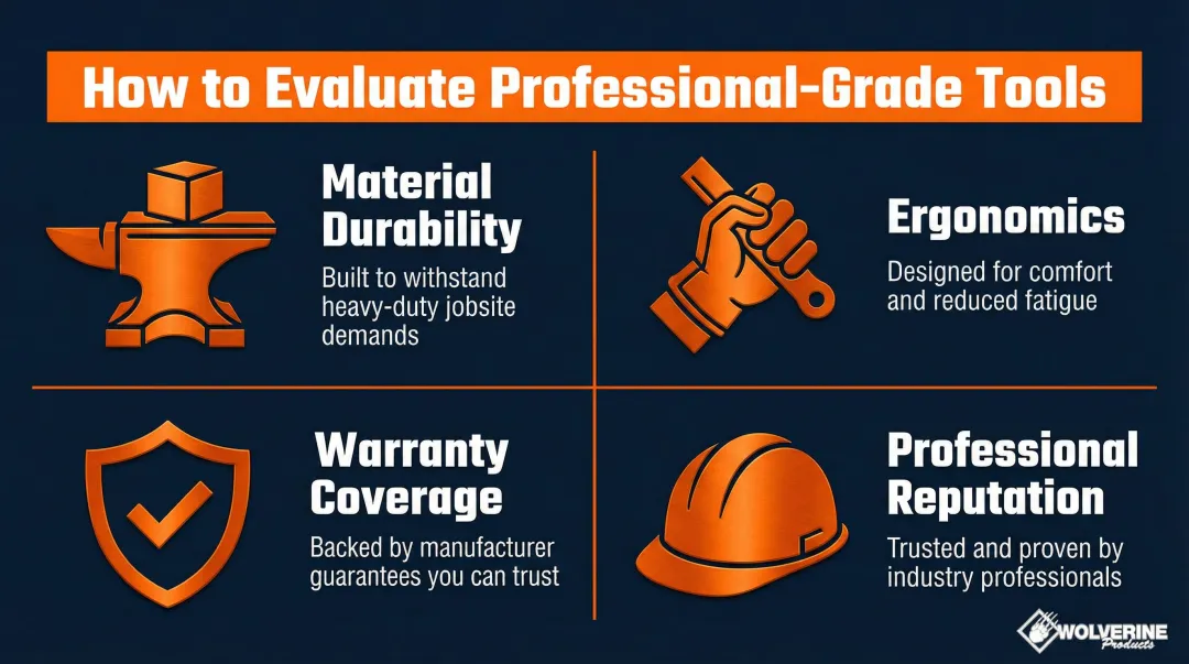 Four criteria for evaluating professional-grade hand tools infographic