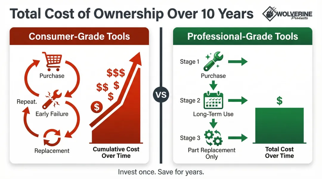 Professional hand tool total cost of ownership versus consumer tool replacement cost comparison