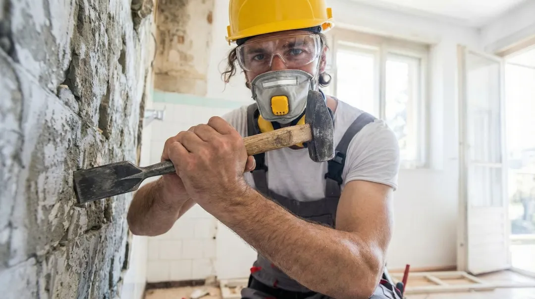 Professional contractor using ergonomic hand tools on active construction job site