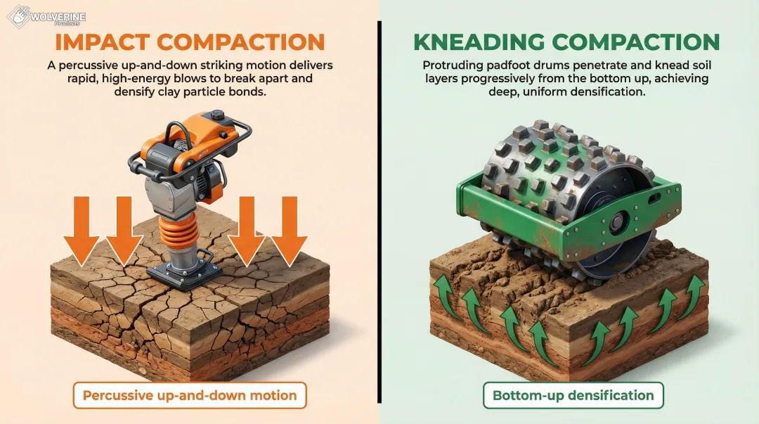 Two clay compaction methods impact versus kneading action comparison infographic