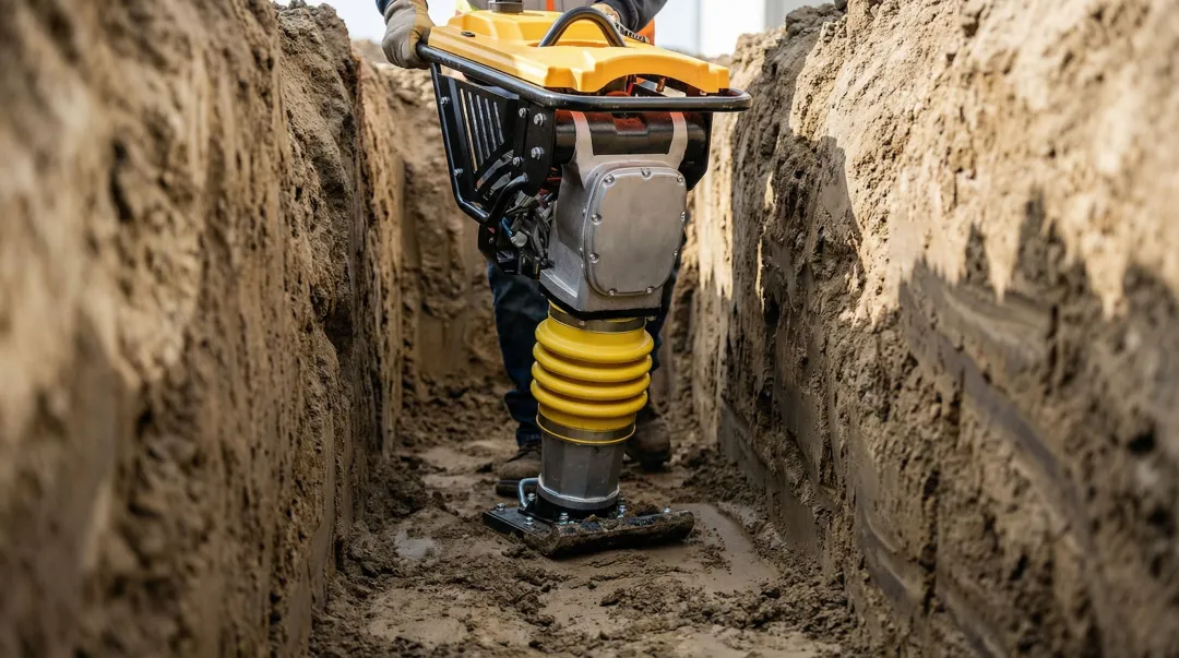 Heavy-duty vibratory rammer compacting dense clay soil in trench application