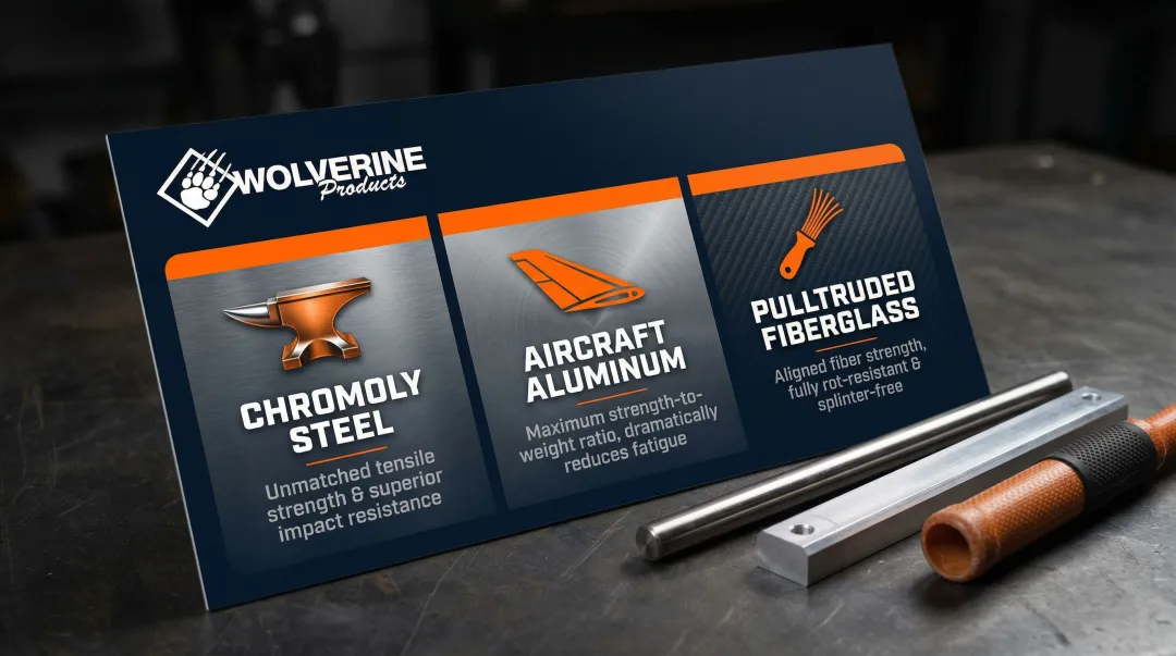 Three professional tool materials chromoly steel aircraft aluminum pulltruded fiberglass comparison infographic