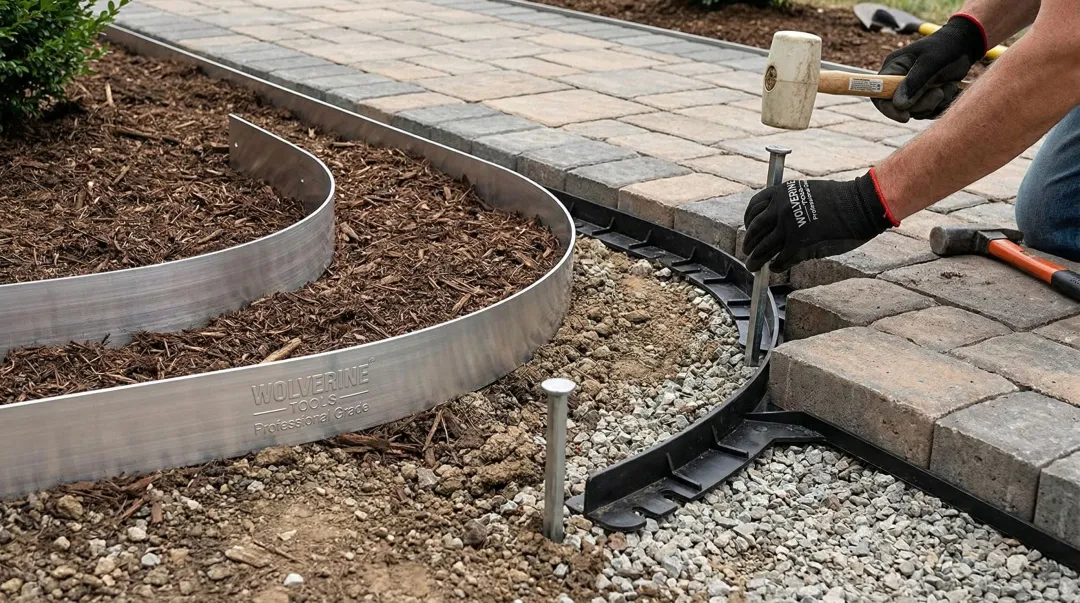 Wolverine Tools professional aluminum edging and paver restraint system installed on job site
