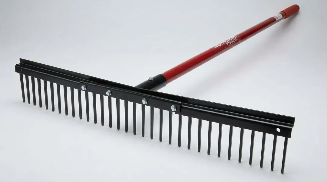 Professional landscape leveling rake with wide steel head and hardwood handle