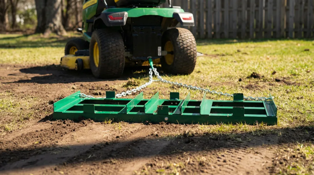 Tow-behind drag leveler attachment pulled by ATV across residential lawn terrain