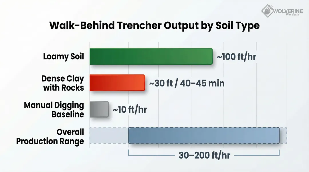Walk-behind trencher production rates by soil type linear feet per hour comparison