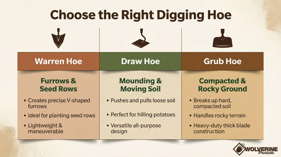 Three garden hoe types for digging Warren draw and grub comparison