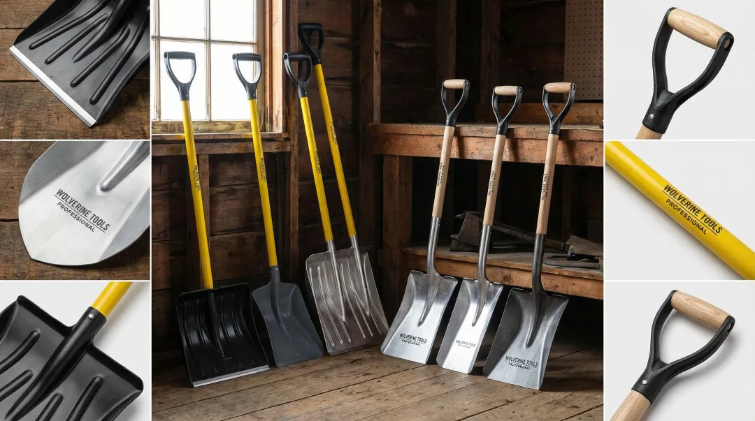 Wolverine Tools professional snow shovels featuring fiberglass handles and poly blades