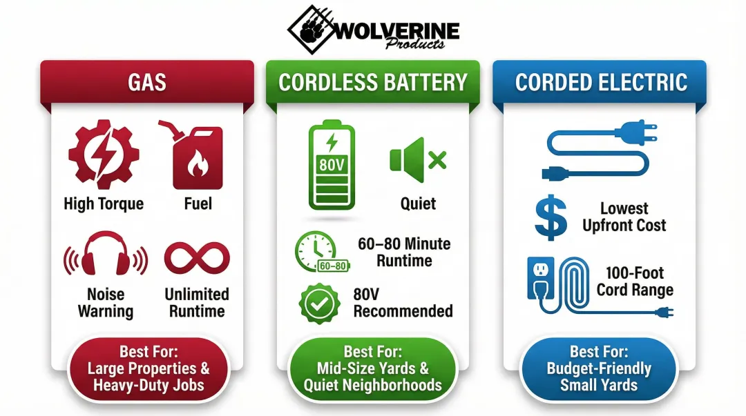 Gas versus cordless versus corded electric lawn edger power source comparison infographic