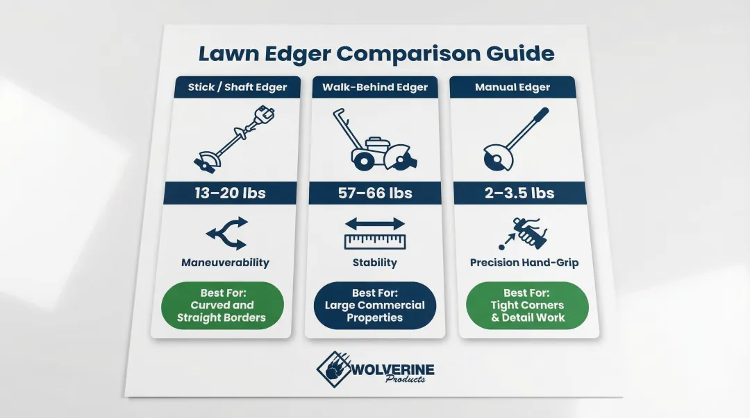 Stick walk-behind and manual lawn edger type comparison chart with use cases and specs
