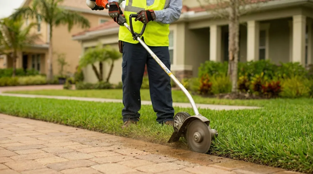 Echo PE-225 professional gas stick edger in landscaping operation on driveway border