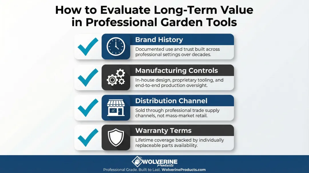 Four professional garden tool evaluation criteria brand history manufacturing warranty and distribution channel