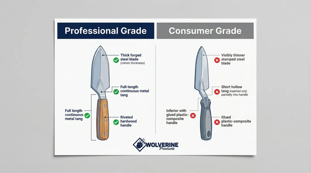 Hand trowel construction quality comparison full-tang versus hollow-tang design