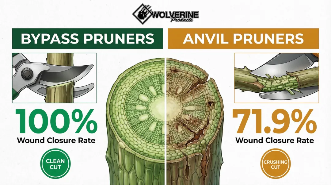 Bypass pruner versus anvil pruner wound closure rate comparison infographic