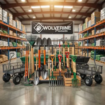 Wholesale landscape tools and nursery equipment displayed at an Indiana supply distributor