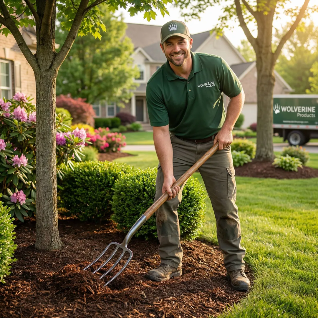 Professional landscaper using Wolverine forged fork on an Ohio job site