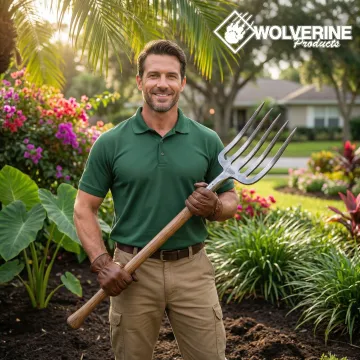 Professional landscaper using a heavy-duty Wolverine fork in a Tampa garden setting.