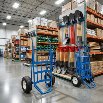 Wholesale landscape supply tools and nursery carts displayed at an Ohio distribution center