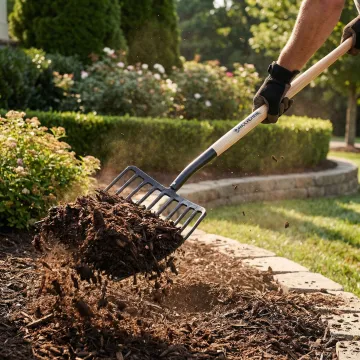 Professional landscaper using a Wolverine forged fork on a commercial job site in Maryland