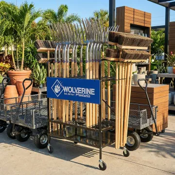 Professional-grade landscape and garden supplies displayed at a Tampa garden center, including forks, brooms, and nursery carts.