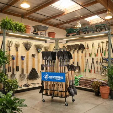 Professional landscape equipment displayed in a wholesale distributor setting