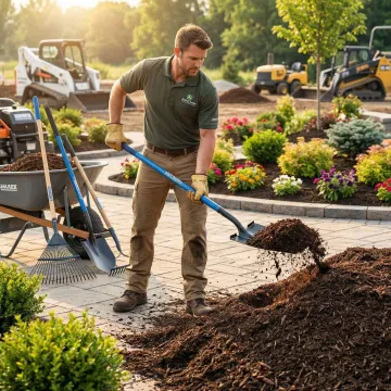 Professional landscaper using Wolverine heavy-duty forged tools on a commercial job site